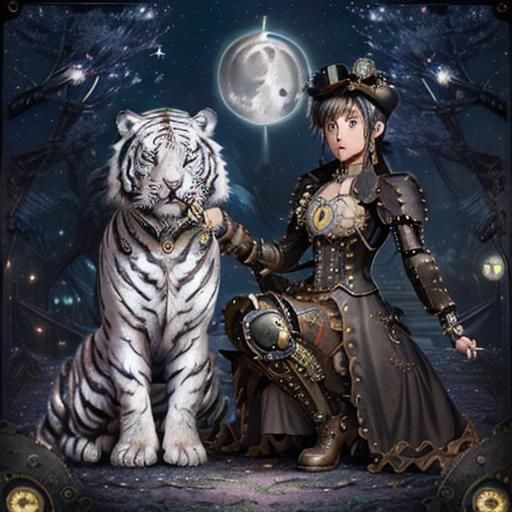 Steampunk Anime White Tiger Under Starry Night