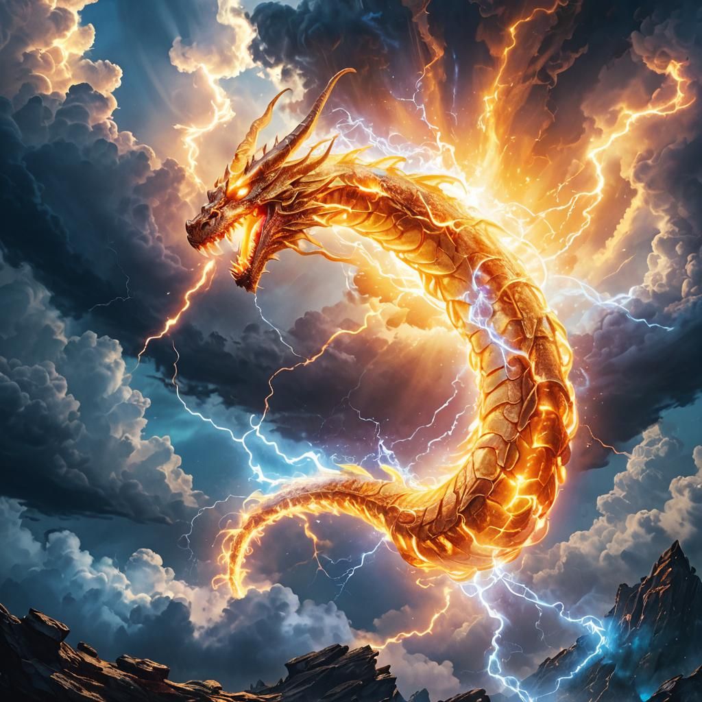 Colossal Electric Wyrm in Radiant Sunbeams: Epic Fantasy Art