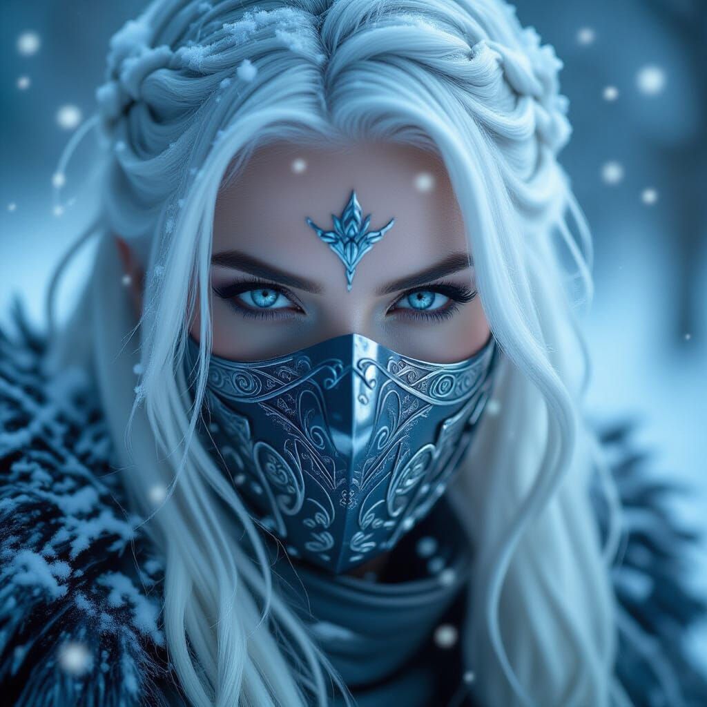 Snow Assassin with Icy Eyes and Metallic Mask