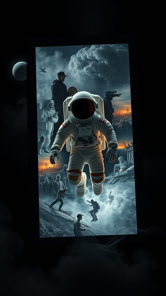 Astronaut in Dreamlike Alabaster Monolith with Scenes of Hum...