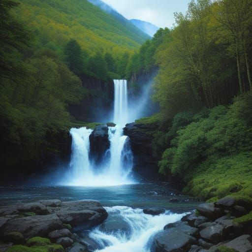 Powerful Waterfall Flows Towards Stream With Burning Love Sy...