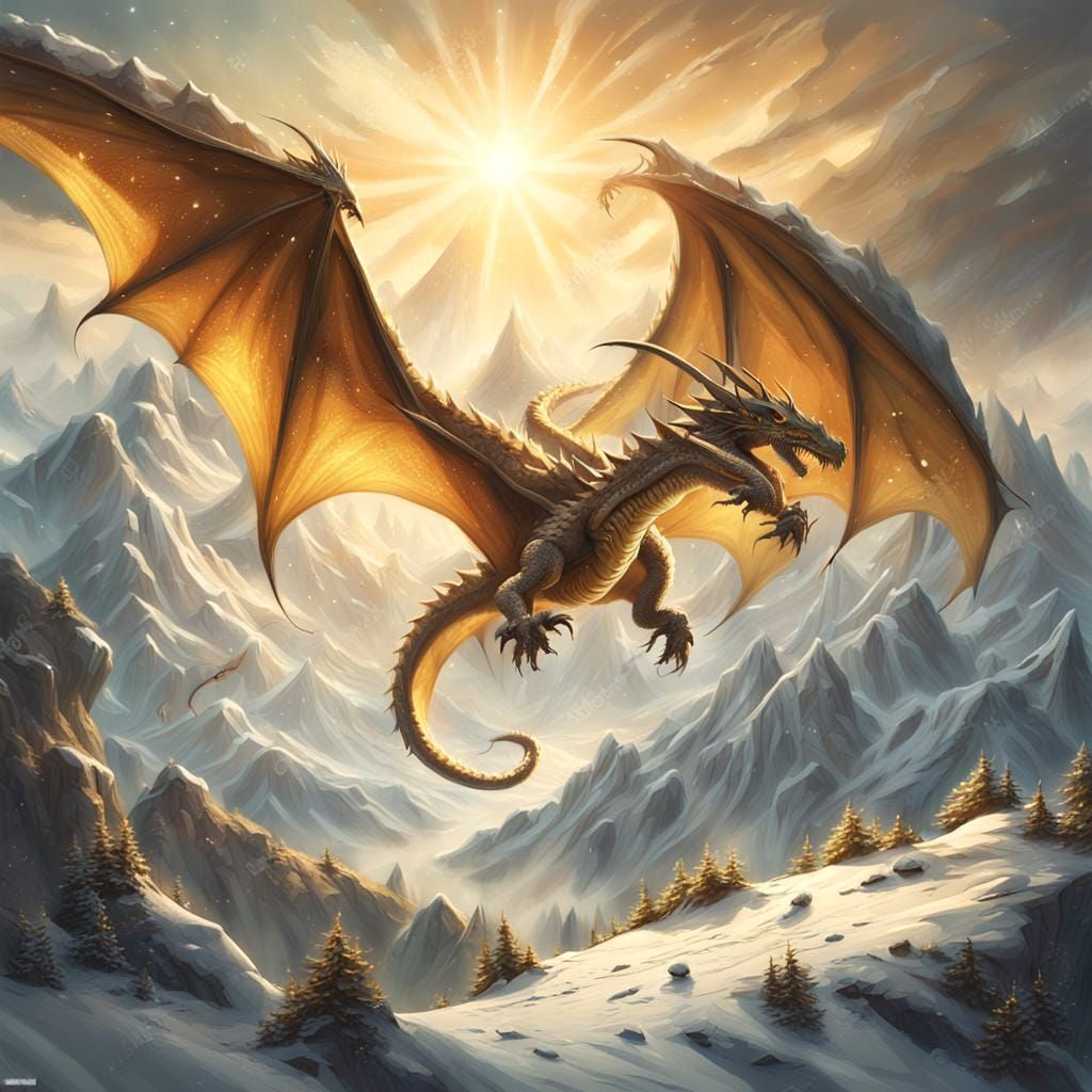 Fantasy Dragon Flight Over Mountain Peaks