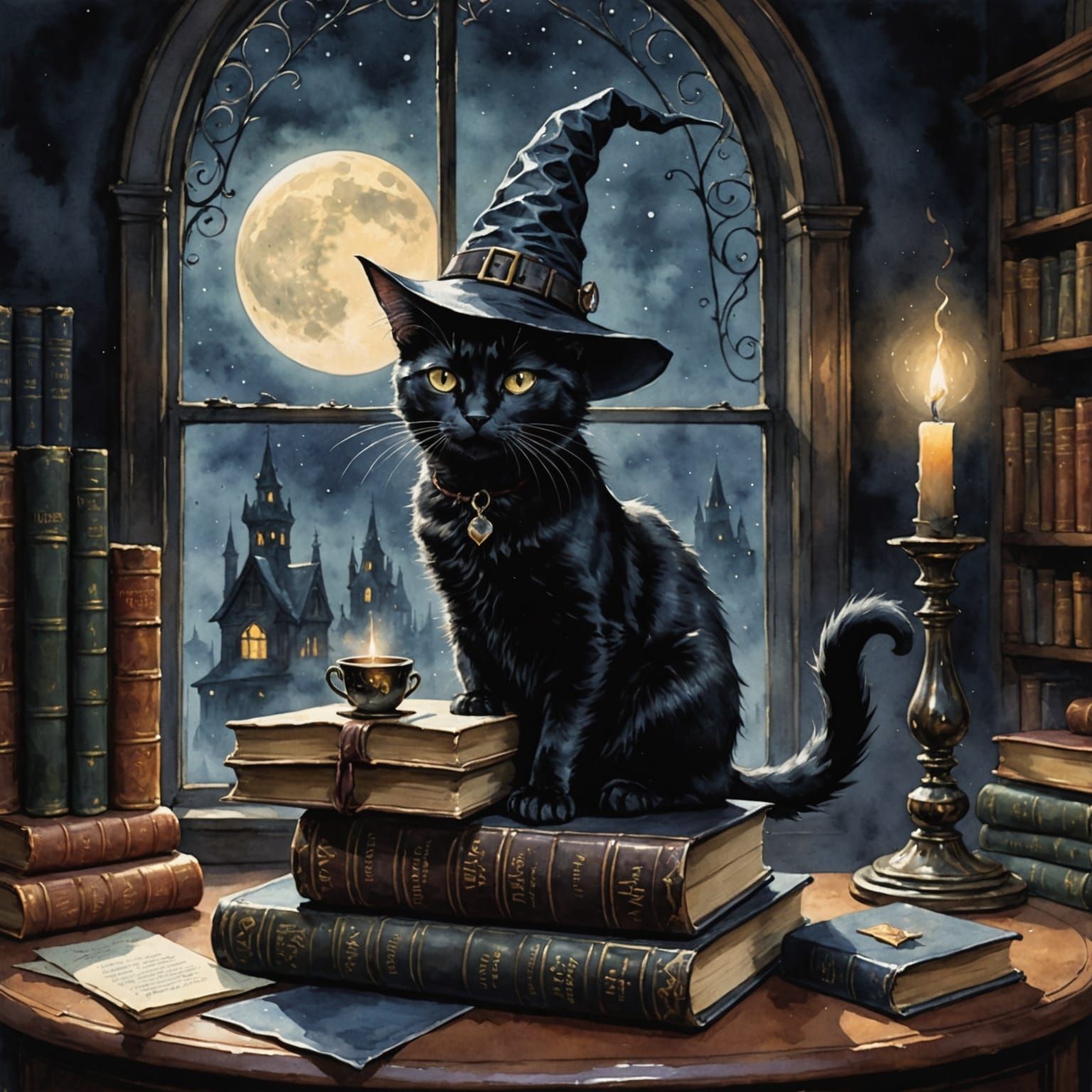 Mischievous Black Cat in Witch Hat on Mystery Books
