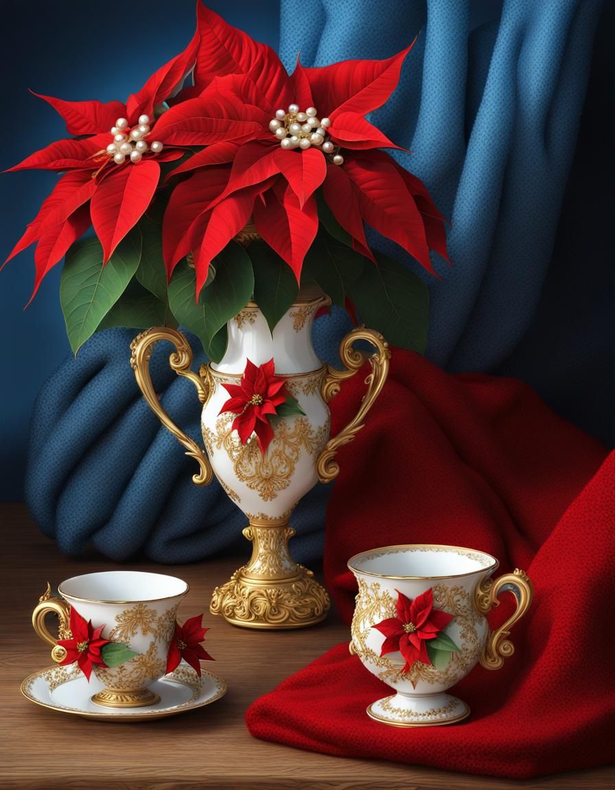 Ornate Christmas Vase with Poinsettias in Hyperrealistic Sty...