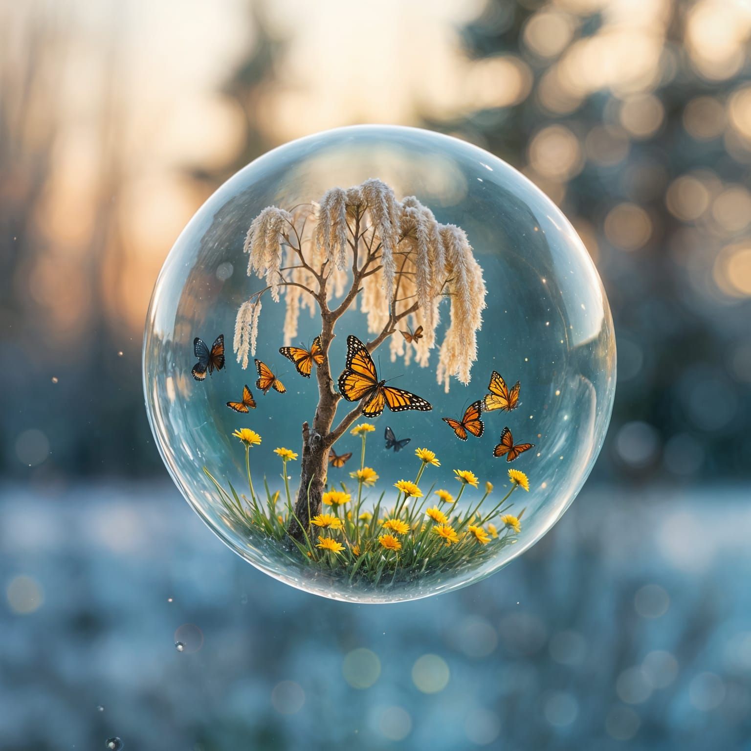 A Shimmering Soap Bubble Containing a Vibrant Spring Landsca...