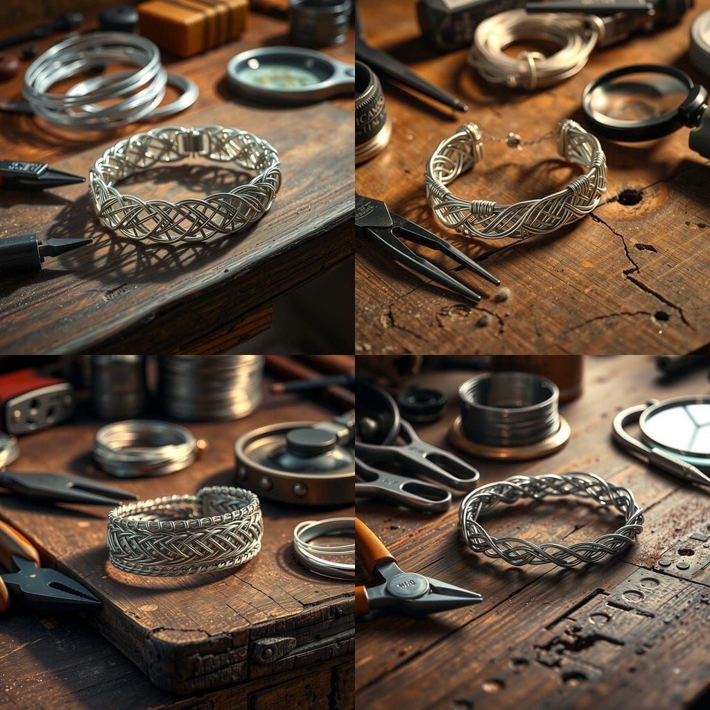 Photorealistic Silver Wireweave Bracelet on Artisan Workbenc...