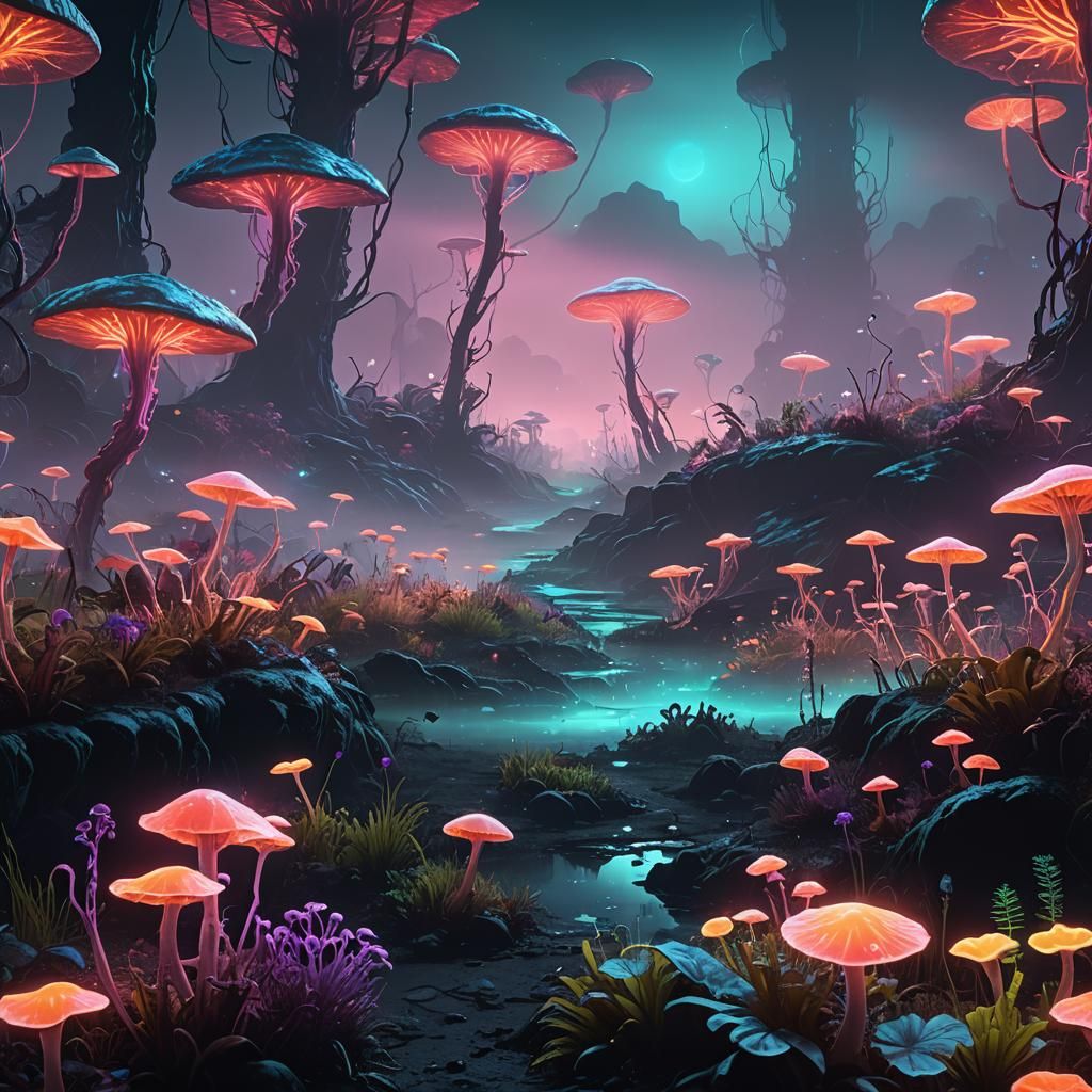 Bioluminescent Sci-Fi Landscape with Glowing Flora