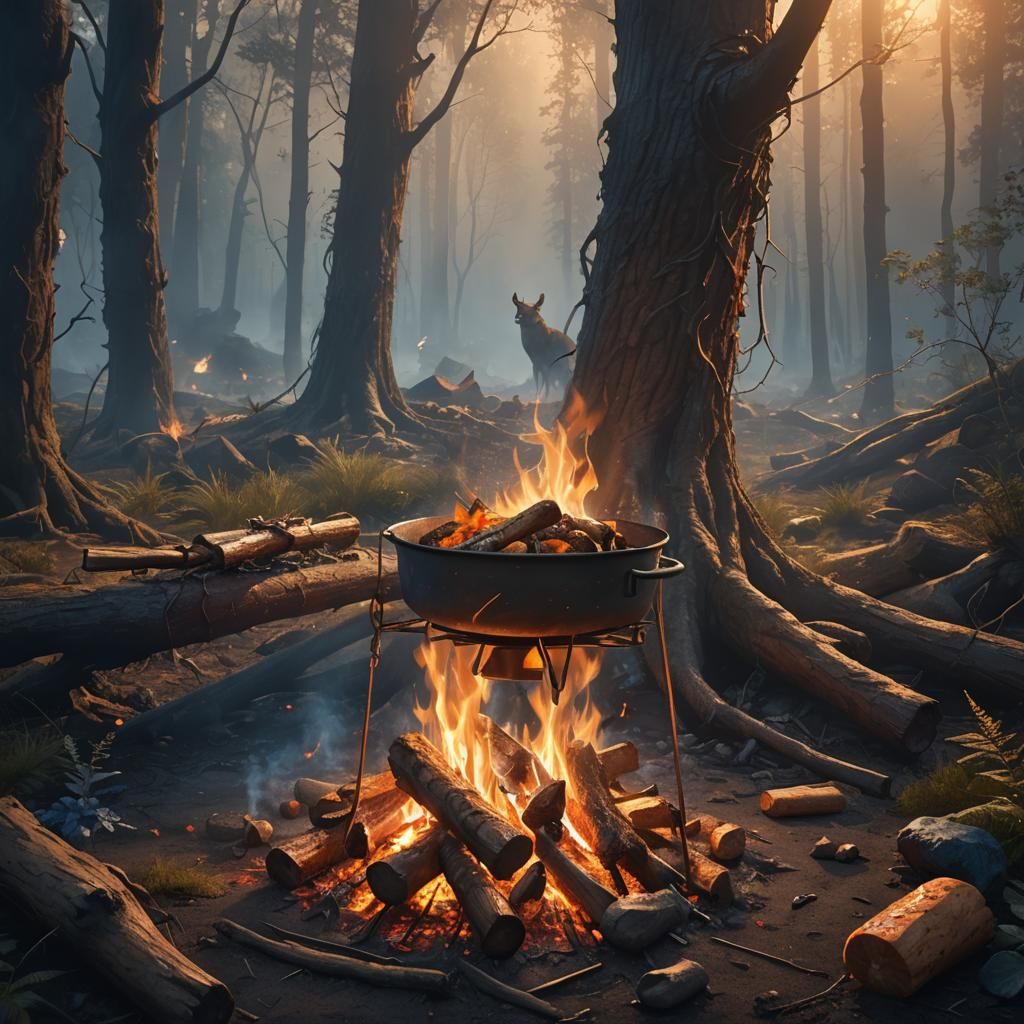 Campfire Cooking in Dark Forest: Matte Painting