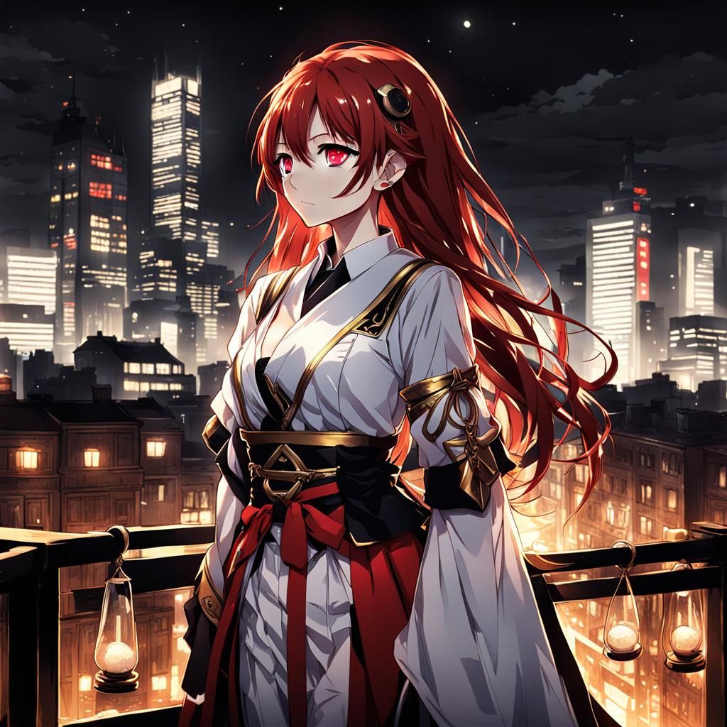 Anime Style Redhead Gazes at Cityscape