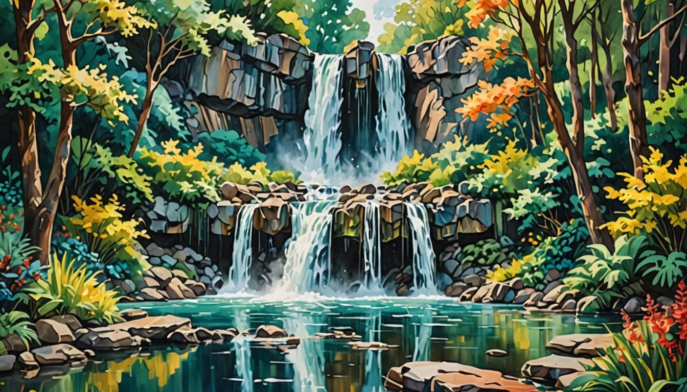 Three-Tier Waterfall in Gouache and Watercolor Style