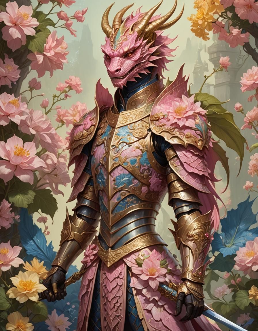 Pink Dragon Lady with Flowers, Art Nouveau Style