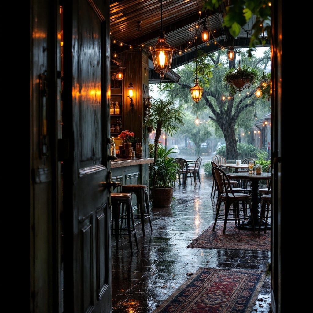 Cajun Tavern View: Rainy French Quarter Night