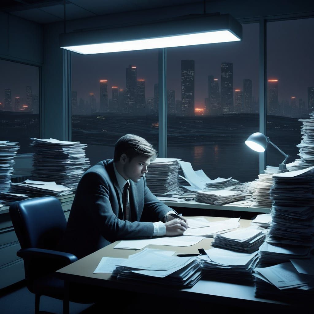 Desolate Office Worker Trapped in a Futuristic Dystopia