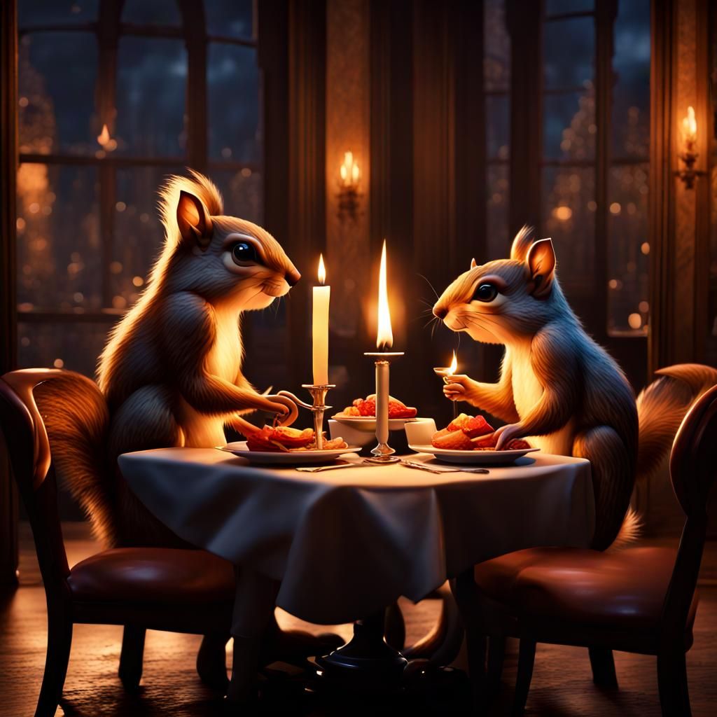 Squirrels' Romantic Candlelit Dinner: Detailed Matte Paintin...