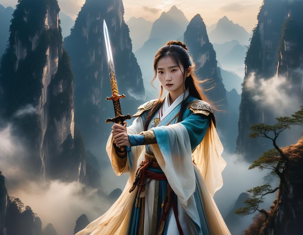 Goddess with Sword in Mystical Mountains