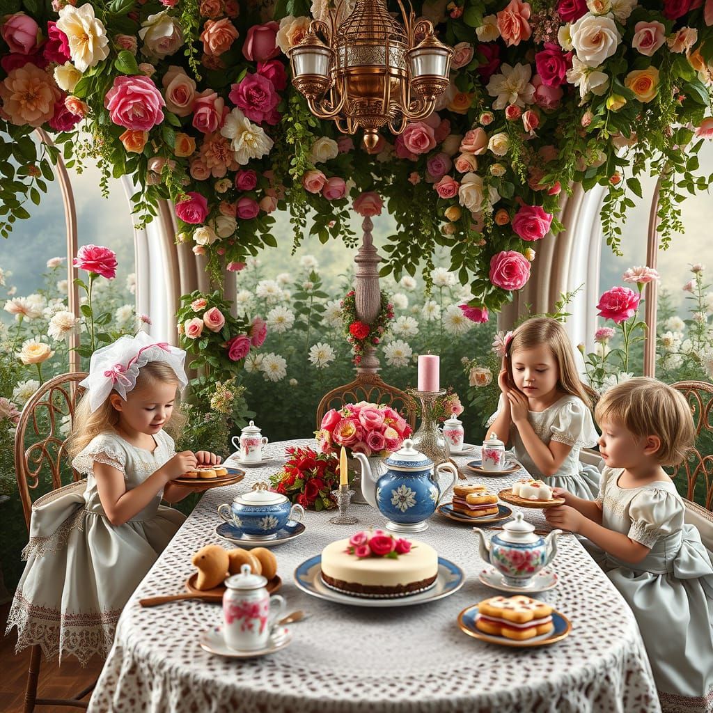 Steampunk Fantasy Tea Party in a Vibrant Flower Garden