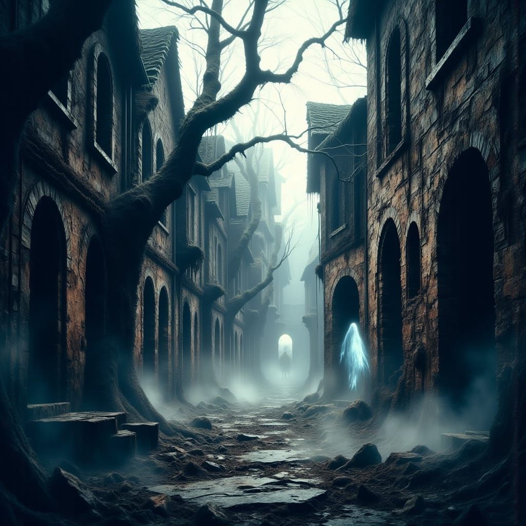 Haunted Village in Dark Fantasy Anime Style