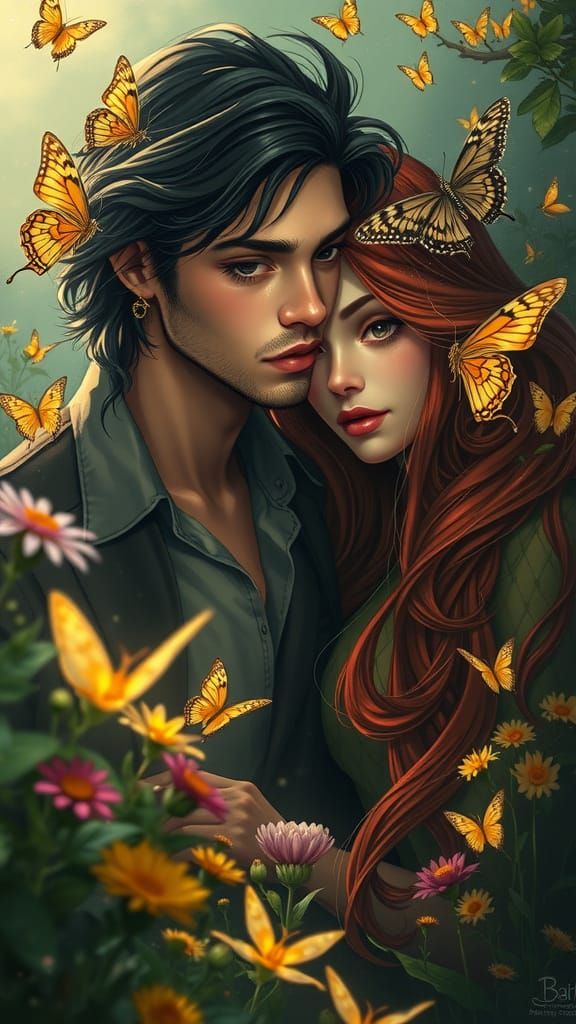 Fantasy Couple in Magical Glade with Butterflies