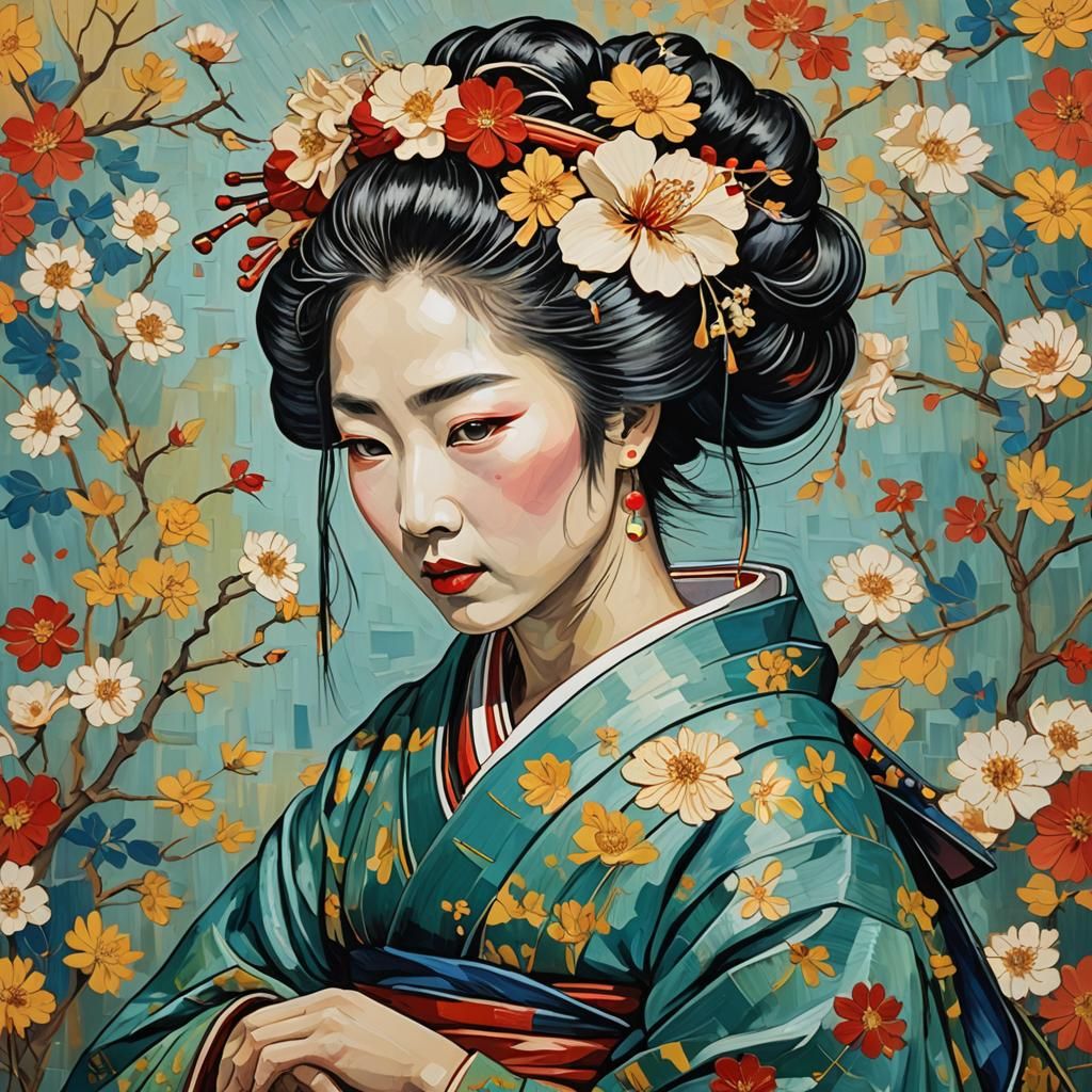 Geisha Painting in Van Gogh Style