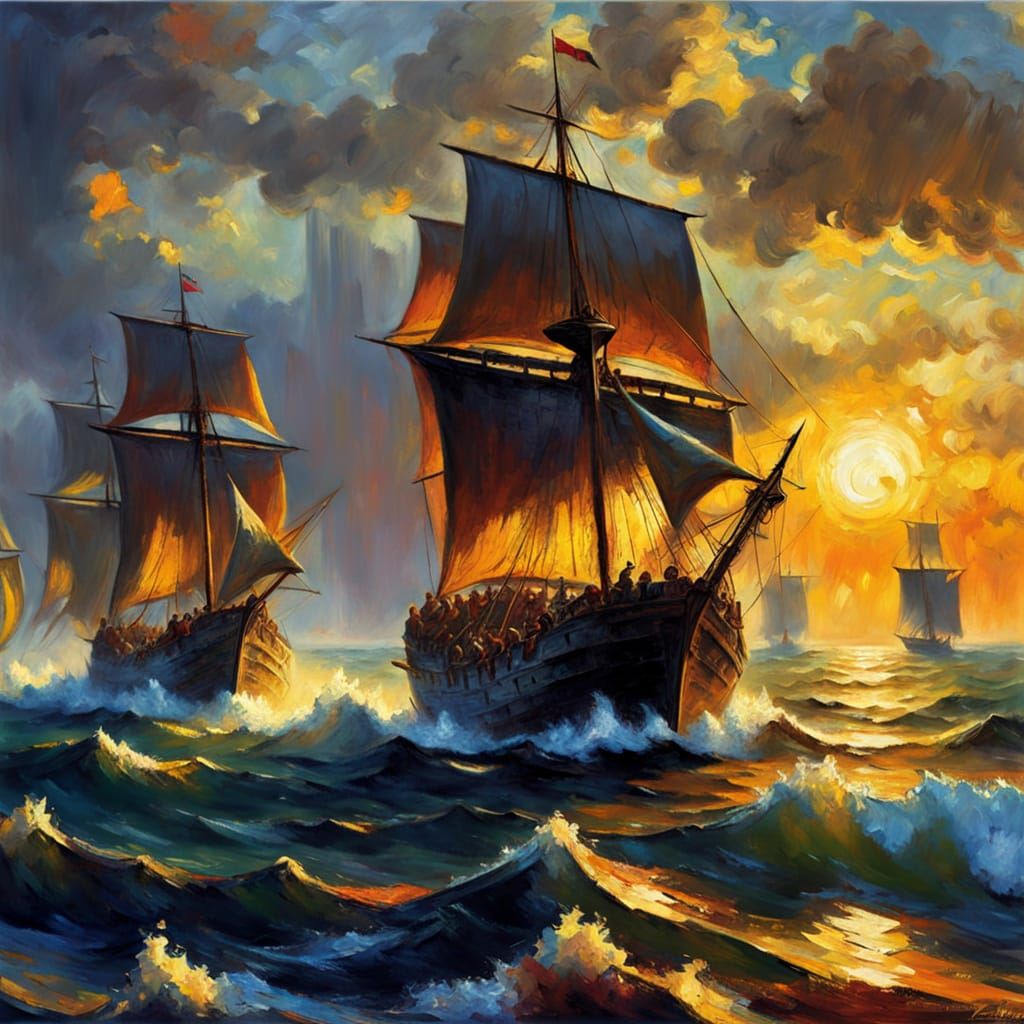 Greek Triremes at Sea in Expressionistic Impasto Style