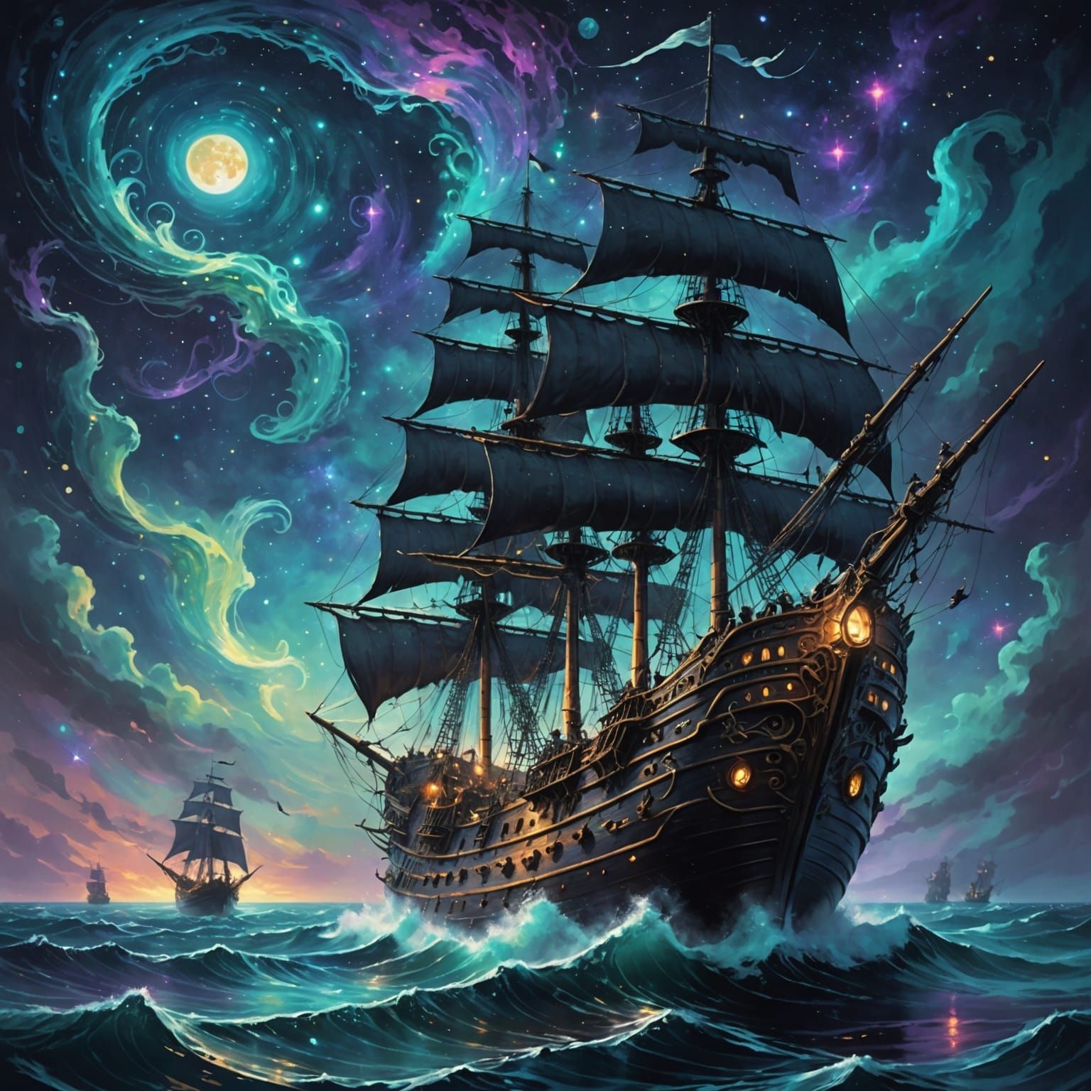Spectral Pirate Ship Navigates Dreamlike Ocean