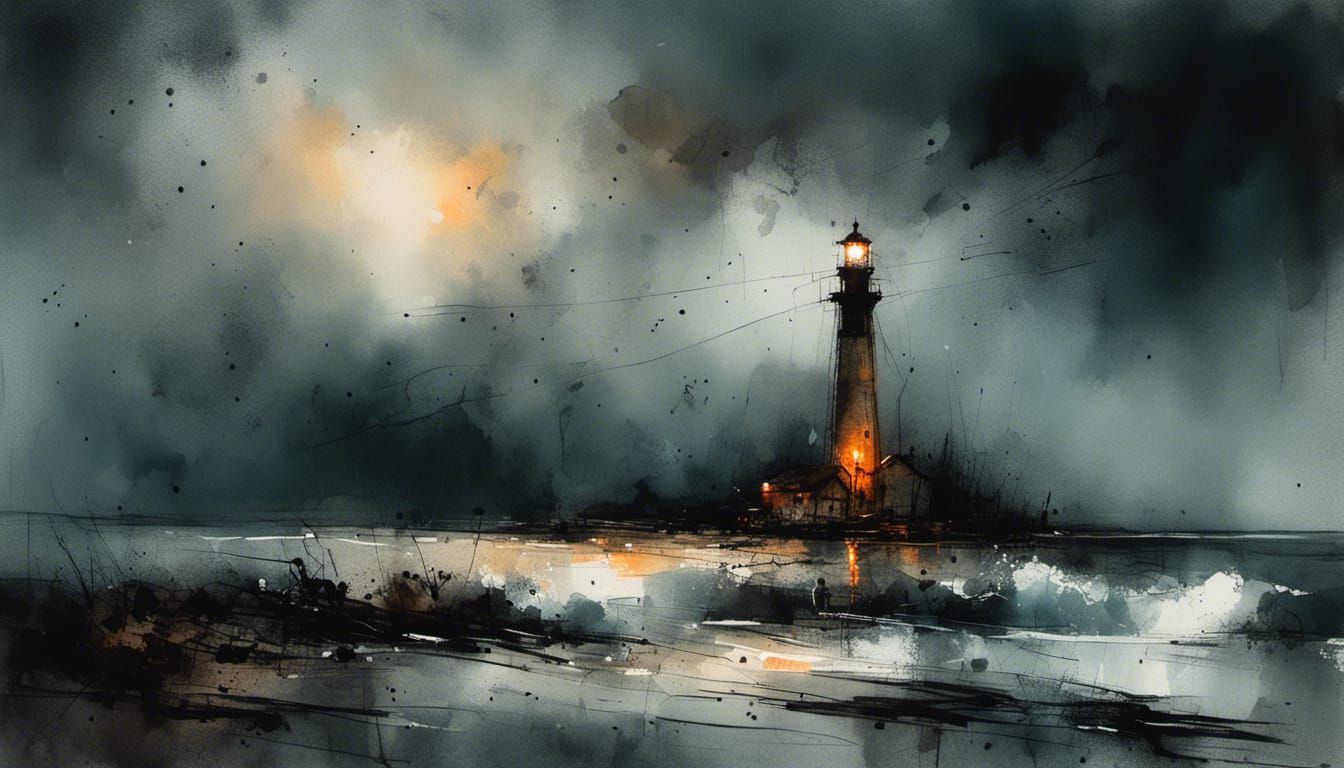 Dramatic Stormy Seascape Painting with Lighthouse