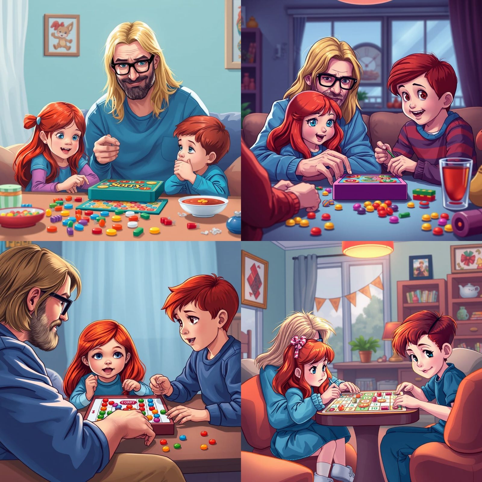 Family Game Night in Candyland Art Style