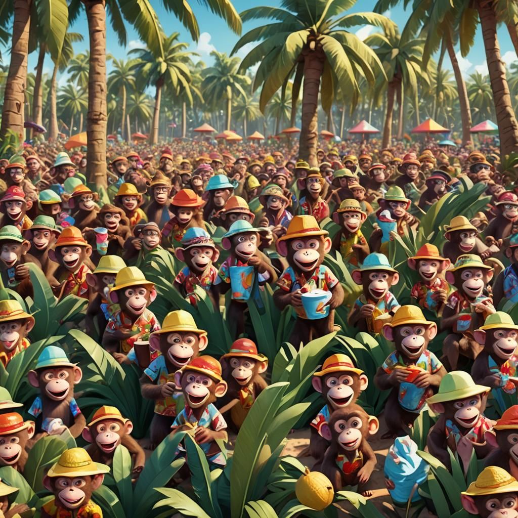 Cute Monkeys Celebrate Summer: A Pixar-Style Scene