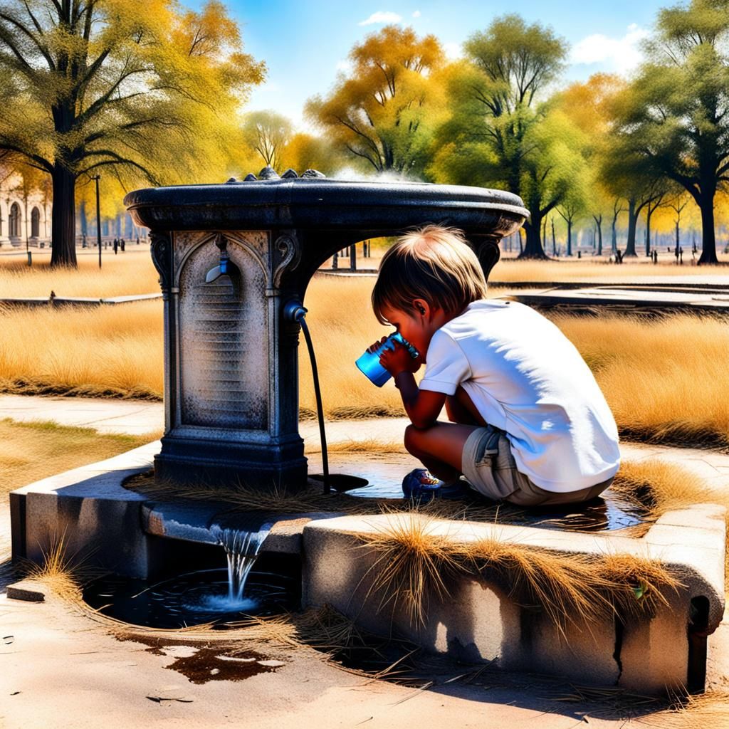 Child Drinks in Ruined Park