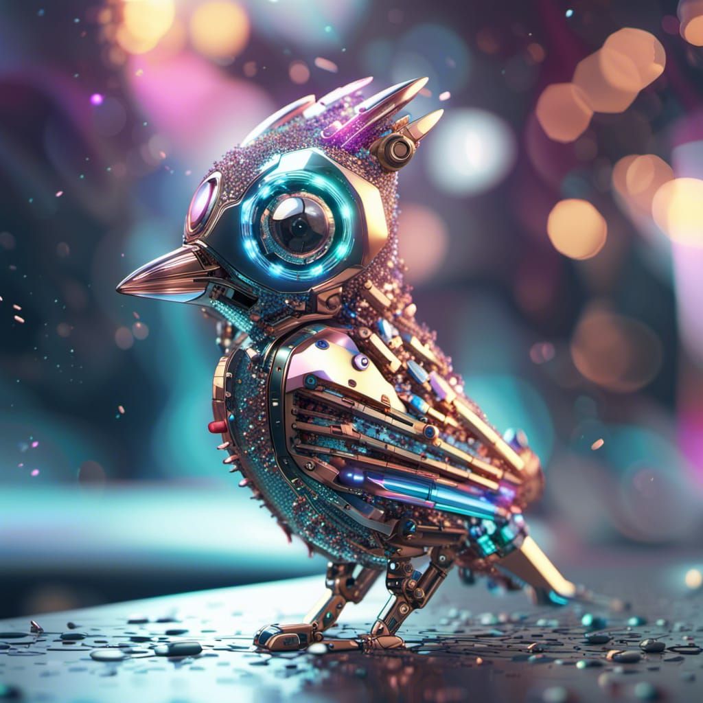 Iridescent Mechanical Woodpecker Portrait in Sci-Fi Style
