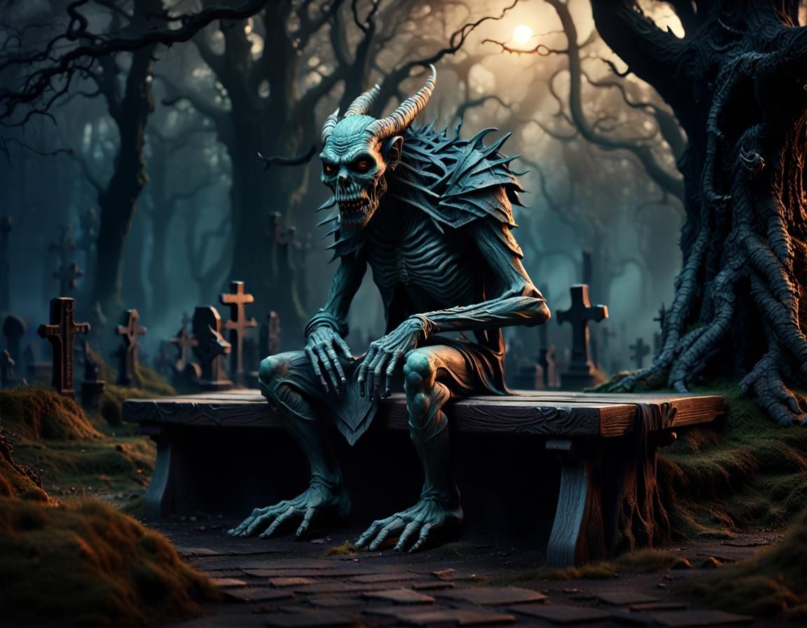 spooky, horrible Fantasy Creature sitting on a wooden bench ...