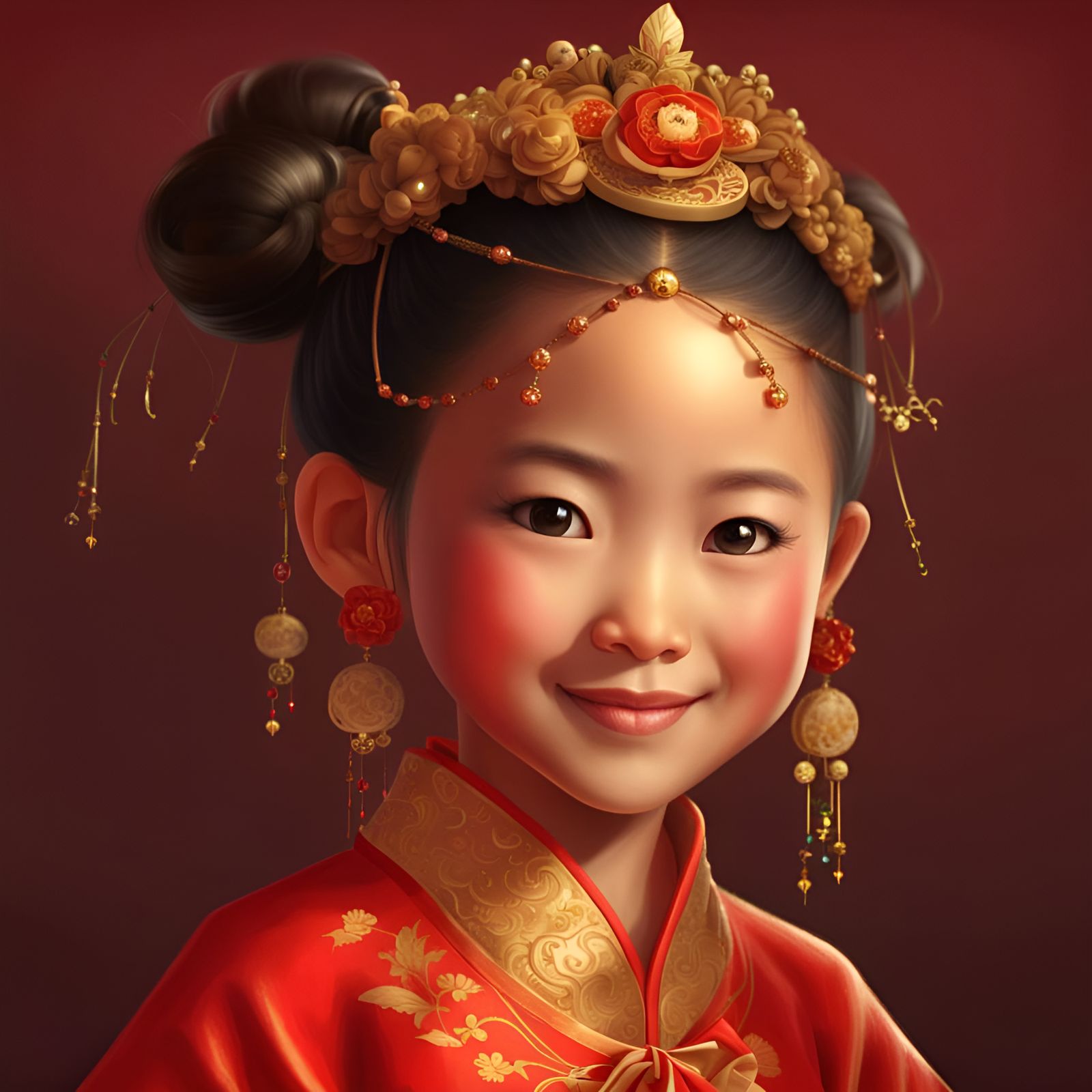 Little smiling Chinese princess with bun in her hair, wearin...