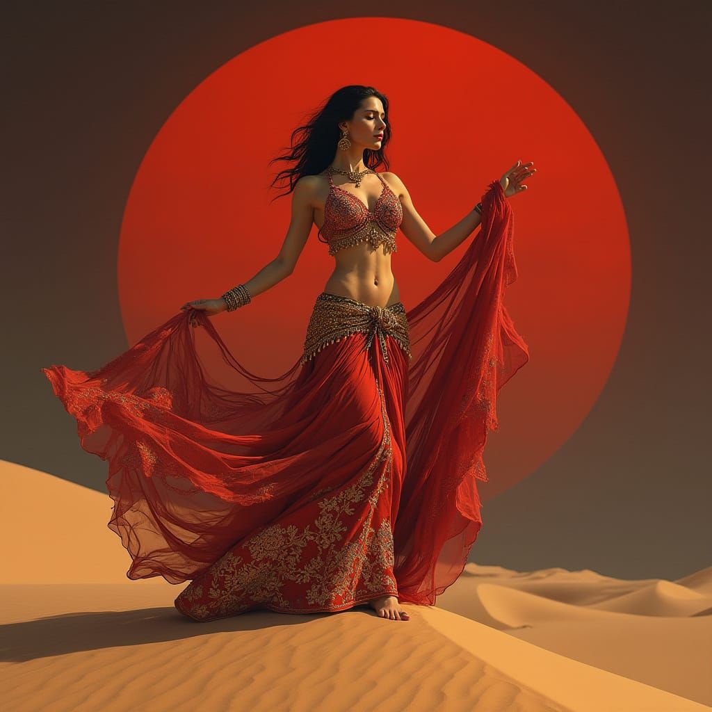 Voluptuous Persian Belly Dancer on Dune in Art Nouveau Style