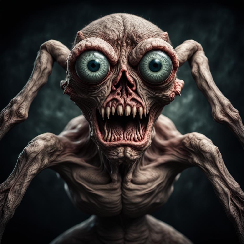 Hyperrealistic Three-Eyed Creature with Four Arms