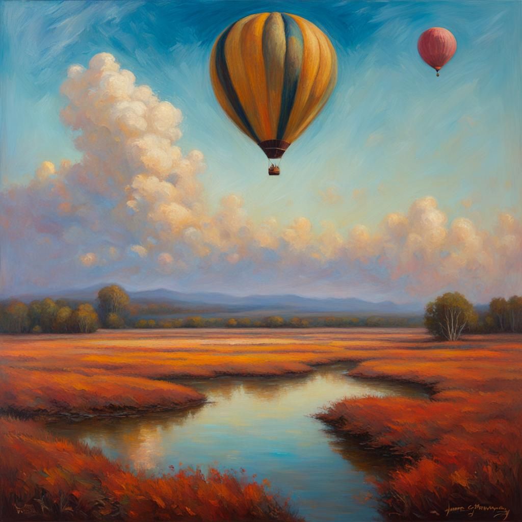 Pastel Hot Air Balloon Dreamscape, Oil Painting
