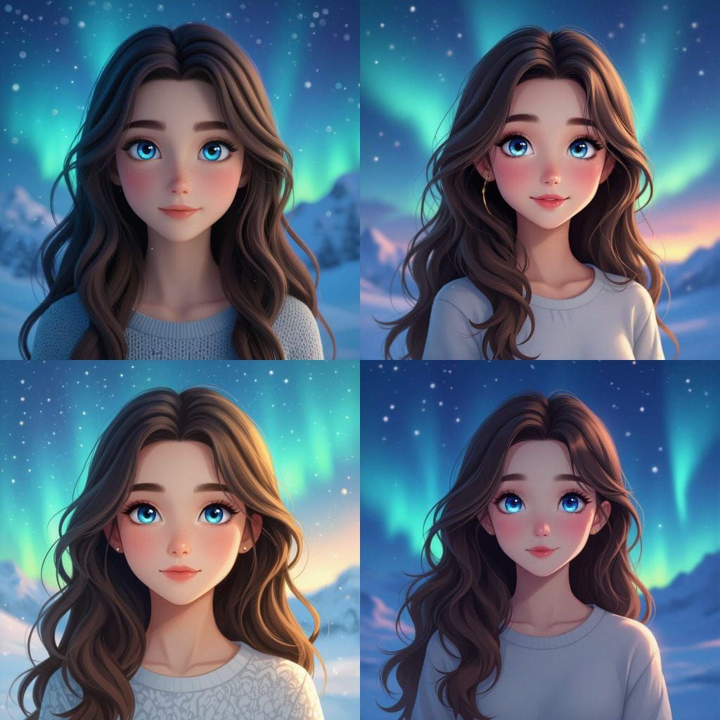 Girl Gazes at Northern Lights in 3D Anime Art Style
