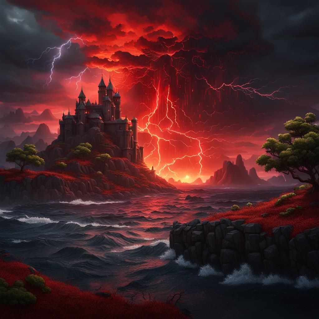 Fantastical Dark Island Thunderstorm: Detailed Matte Paintin...