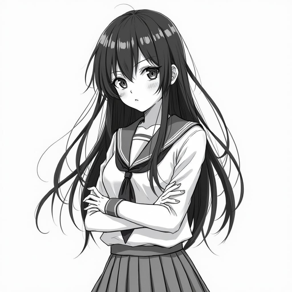 Anime Girl with Confident Pose in Sketch Style