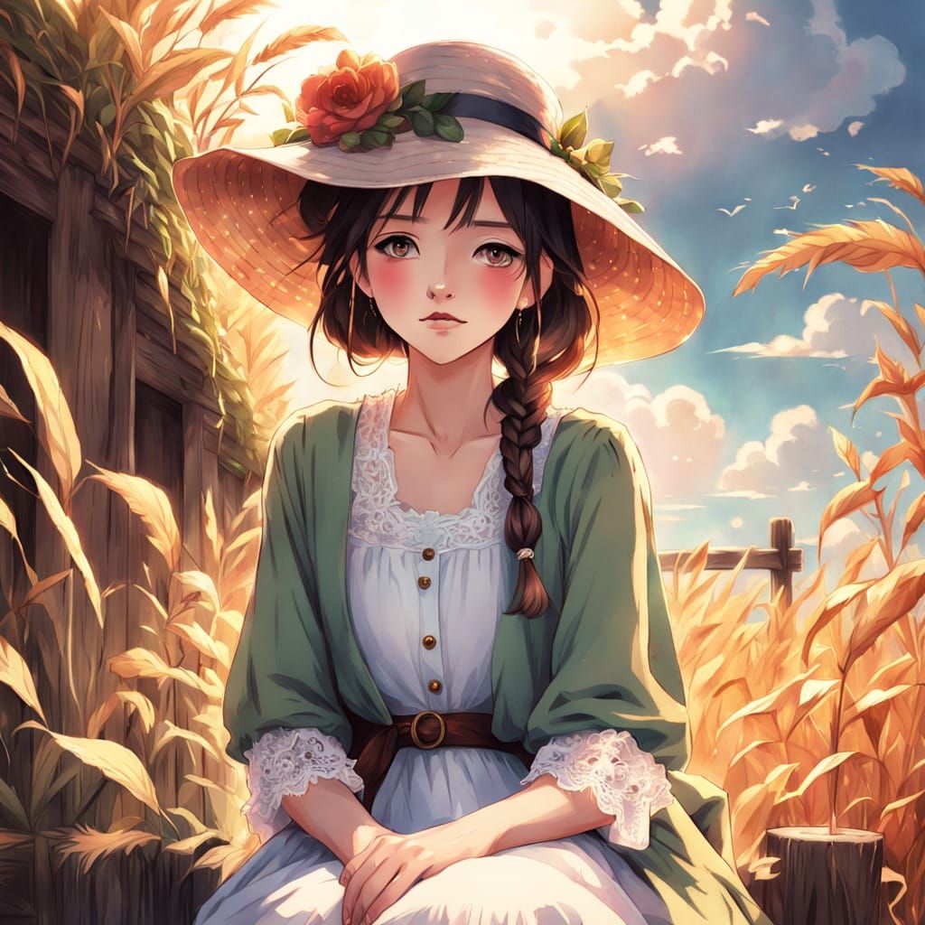 Serenely Happy Country Girl in Sunlit Cornfield