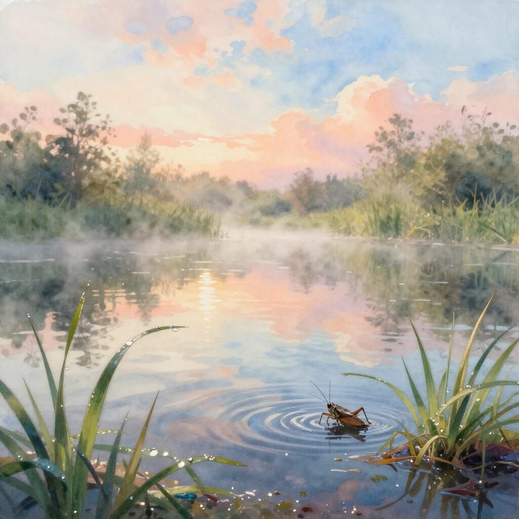 Tranquil Pond Scene with Pastel Sky Reflections