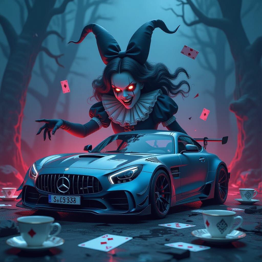 Monstrous Alice Fused With AMG Car In Horror Landscape
