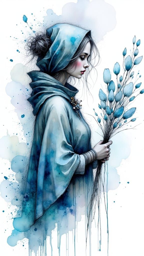 Icy Blue Woman: Dreamy Watercolour Portrait