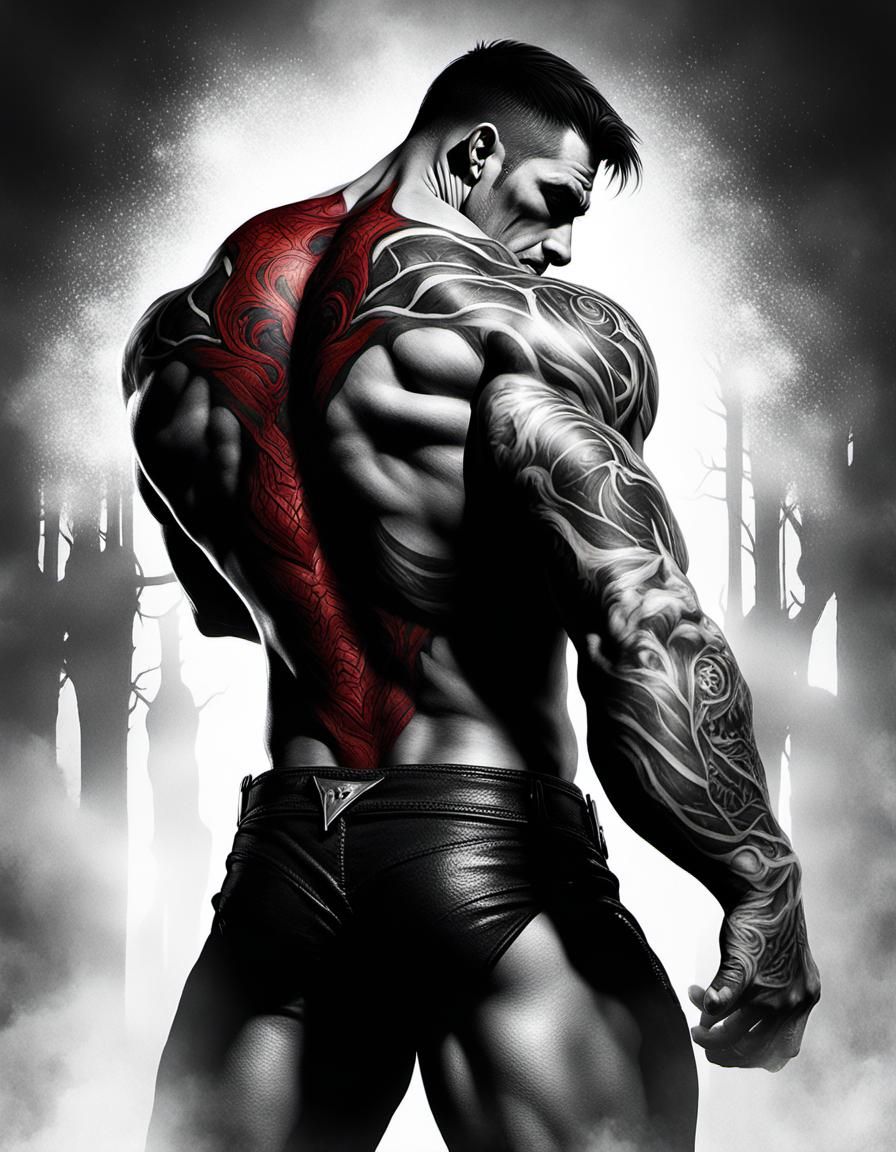 Muscular Man with Tattoo in Dark Fantasy Style