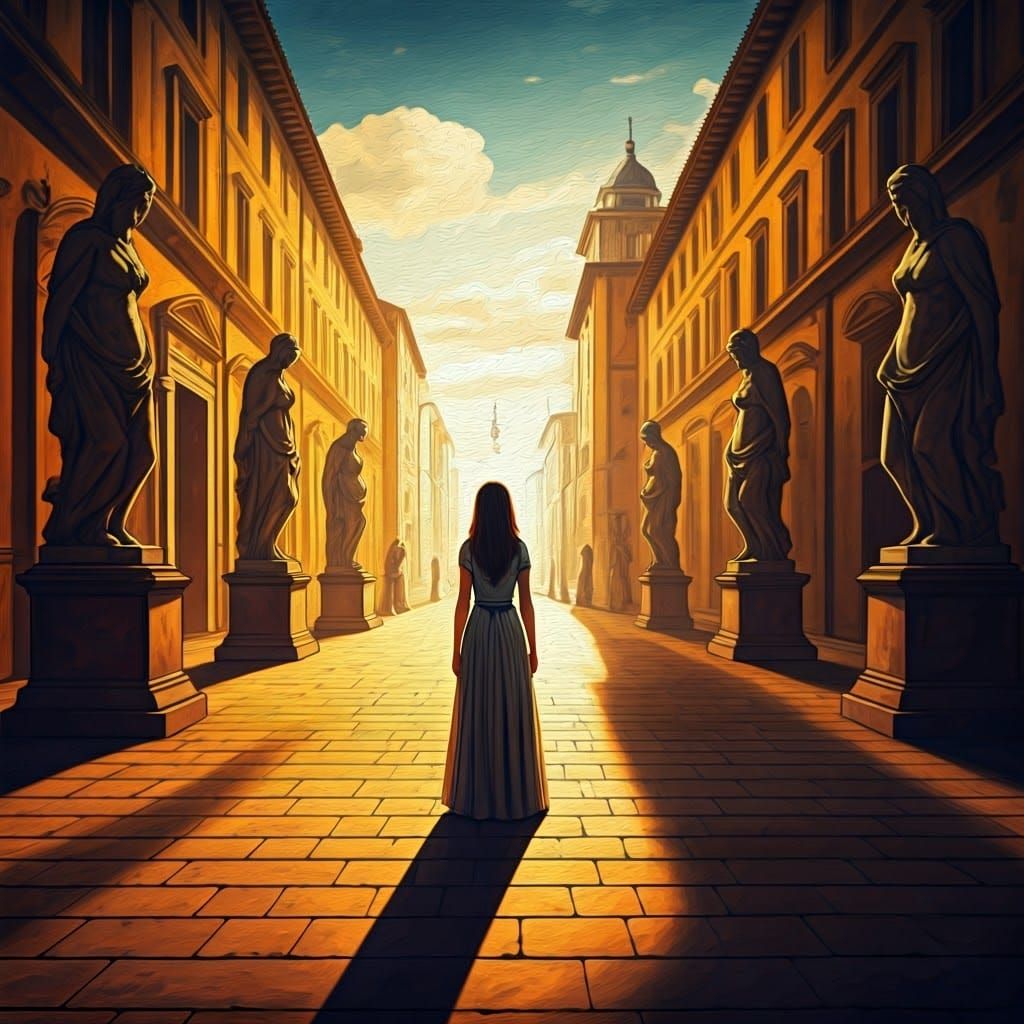Girl in a Dreamlike Deserted Square, Oil Painting