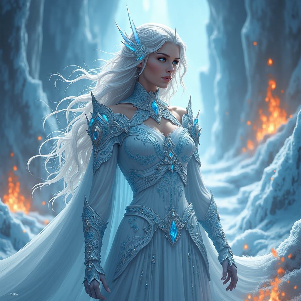 Icy Goddess on Frozen Throne in Surreal Style