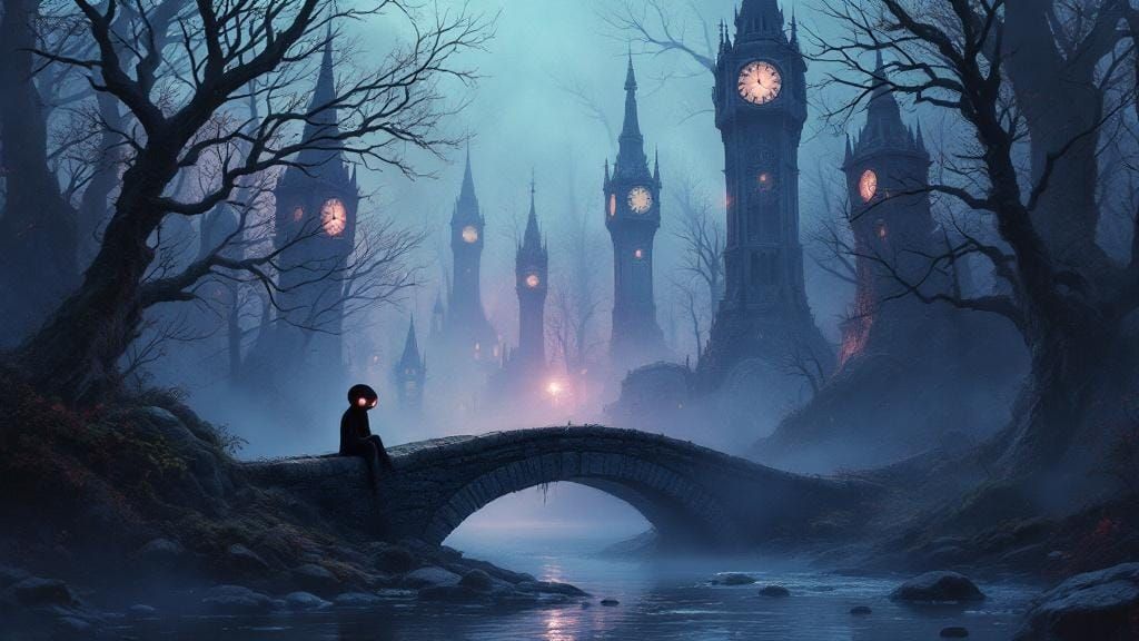 Shadowy Creature on Bridge in Surrealist Style