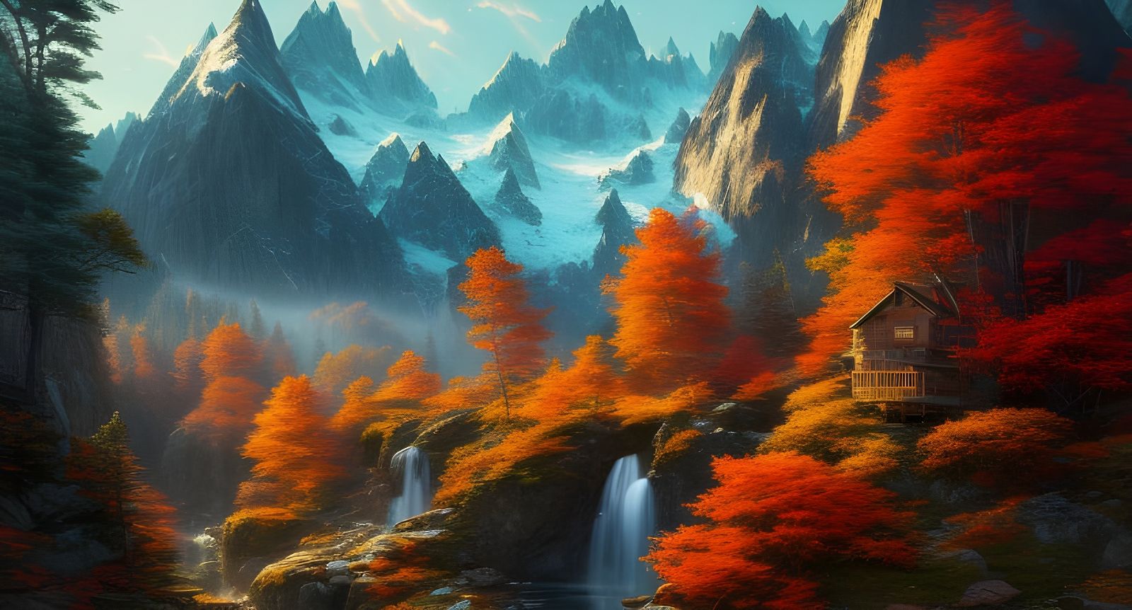 Autumn Mountain Cabin: A Hyperdetailed Watercolor Landscape