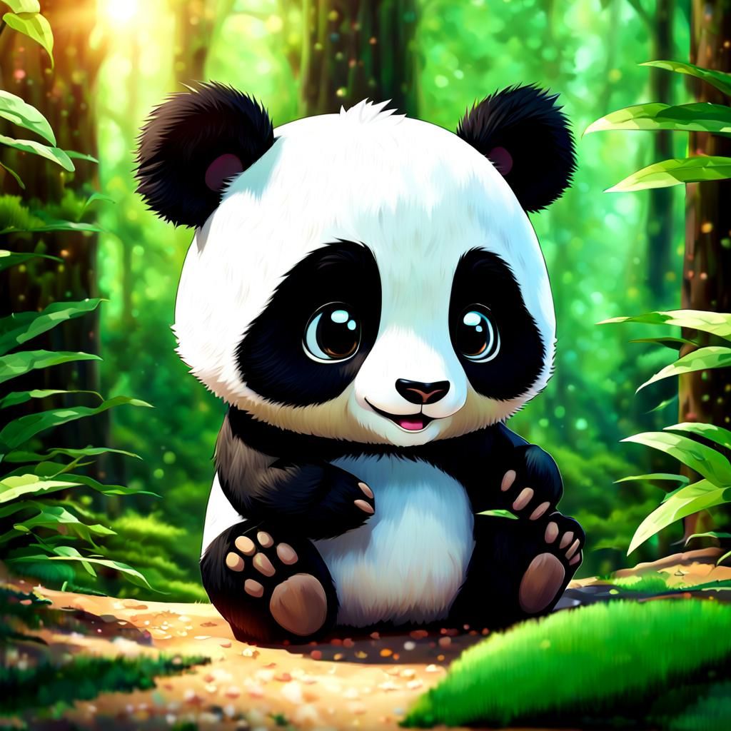 Adorable Chibi Panda in Forest: Digital Illustration
