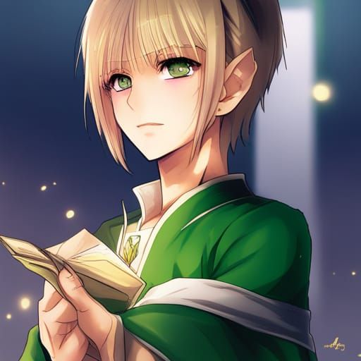 Elf Girl with Green Eyes in Anime Style