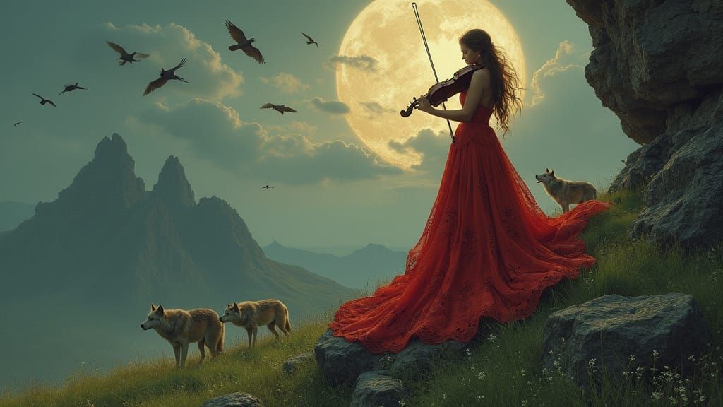 Woman in Red Gown Plays Violin at Cliff Edge